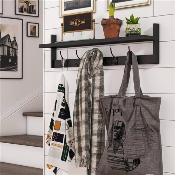 Wall Mounted Shelf With Hooks Entryway Organizer Rack Black Wood Hanging Shelf - Picture 3 of 8